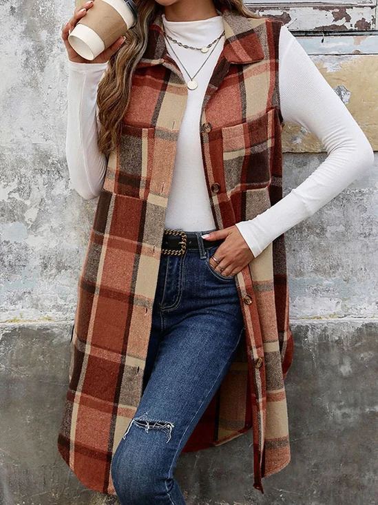 Sans Manches Régulier Plaid Gilet Boucle pour Femmes