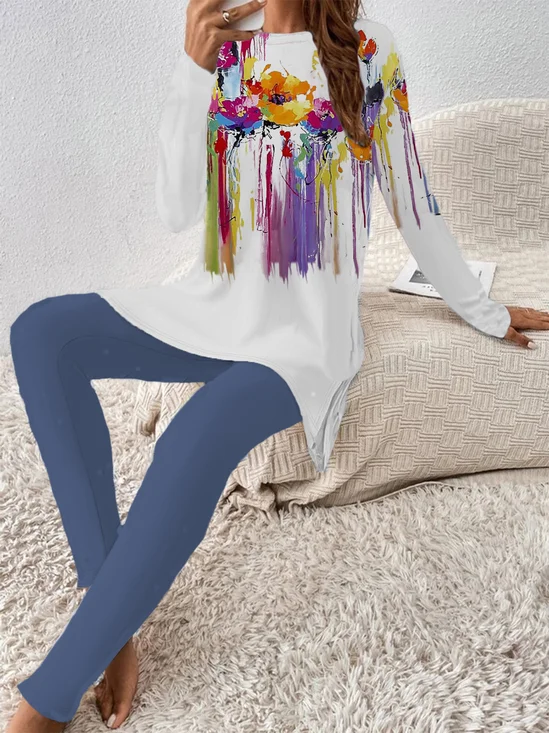 Deux Pièces Ensembles Femmes Décontracté Floral Printemps / Automne Naturel Ample Jersey Manches Longues Top Avec Pantalons Régulier