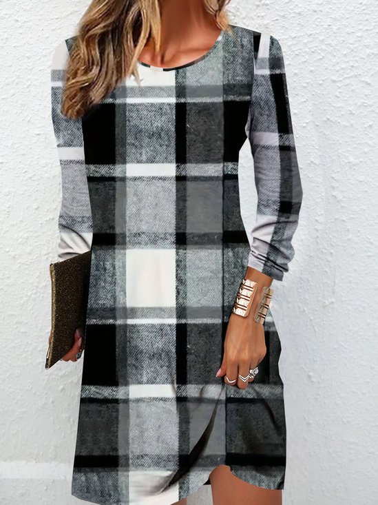 Femmes Plaid Noir-Gris Col Rond Confortable Mini Robe Décontracté