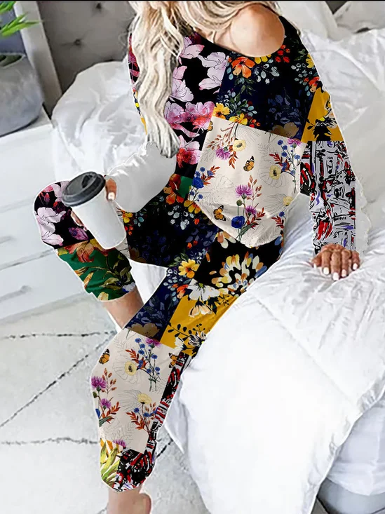 Deux Pièces Ensembles Femmes Décontracté Floral Printemps / Automne Coton Naturel Manches Longues Col Rond Top Avec Pantalons Droit