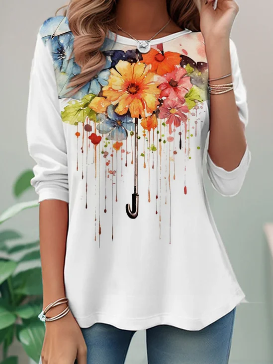 T-shirts Décontracté Floral Printemps / Automne Aucune élasticité Ample Jersey Manches Longues Régulier Régulier pour Femmes