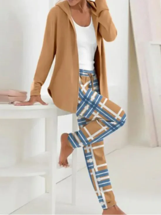 Deux Pièces Ensembles Femmes Décontracté Printemps / Automne Plaid Sweat-shirt à Capuche Quotidien Ample Droit Régulier T.-N.-L.