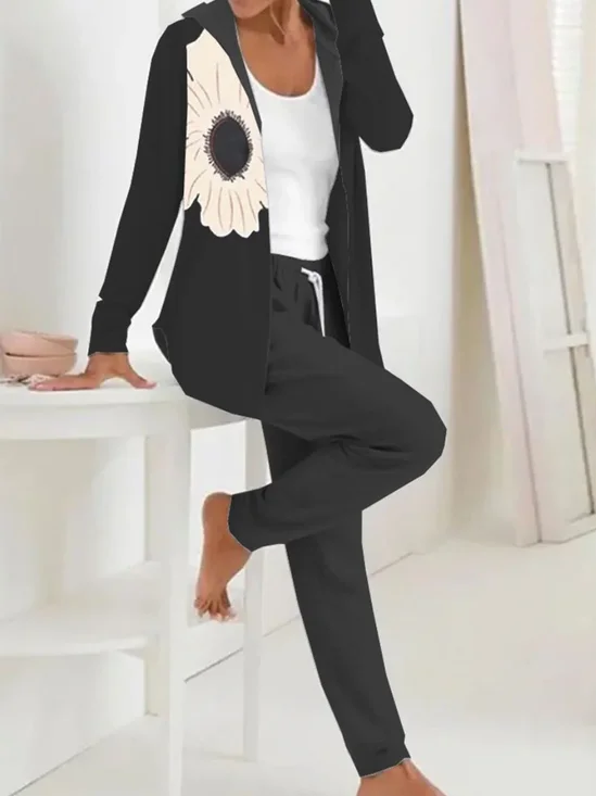 Deux Pièces Ensembles Femmes Décontracté Floral Printemps / Automne Polyester Sweat-shirt à Capuche Ample Manteau avec Pantalons Droit Régulier