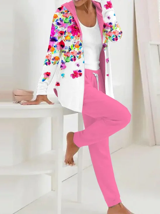 Deux Pièces Ensembles Femmes Décontracté Floral Printemps / Automne Polyester Sweat-shirt à Capuche Naturel Ample Manches Longues Régulier