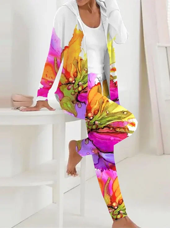 Deux Pièces Ensembles Femmes Décontracté Floral Printemps / Automne Polyester Quotidien Manches Longues Manteau avec Pantalons Droit T.-N.-L.