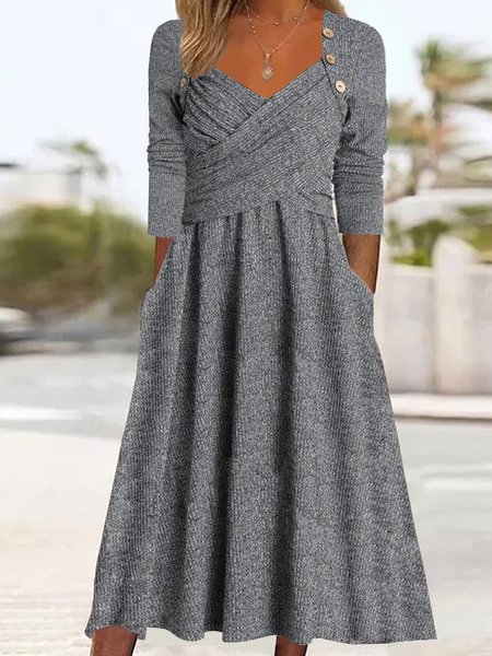 Femmes Plain Gris Confortable Dentelle Robe Mi-Longue Décontracté