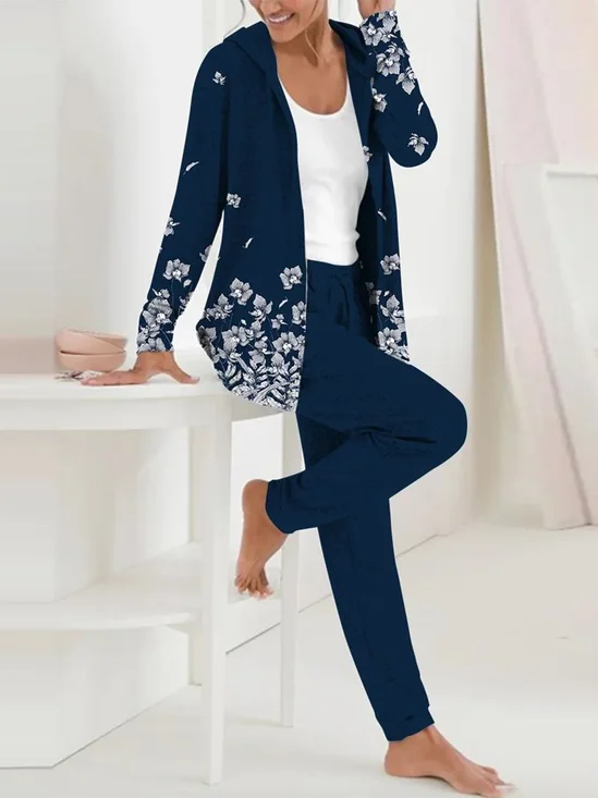 Deux Pièces Ensembles Décontracté Floral Printemps / Automne Polyester Sweat-shirt à Capuche Micro-élasticité Quotidien Manteau avec Pantalons Régulier pour Femmes