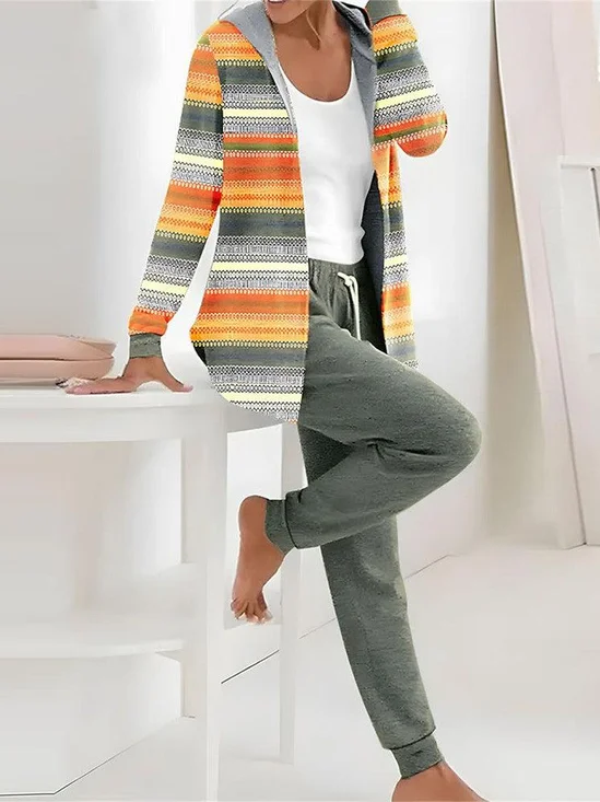 Deux Pièces Ensembles Femmes Géométrique Décontracté Printemps / Automne Sweat-shirt à Capuche Micro-élasticité Manteau avec Pantalons Droit Régulier T.-N.-L.