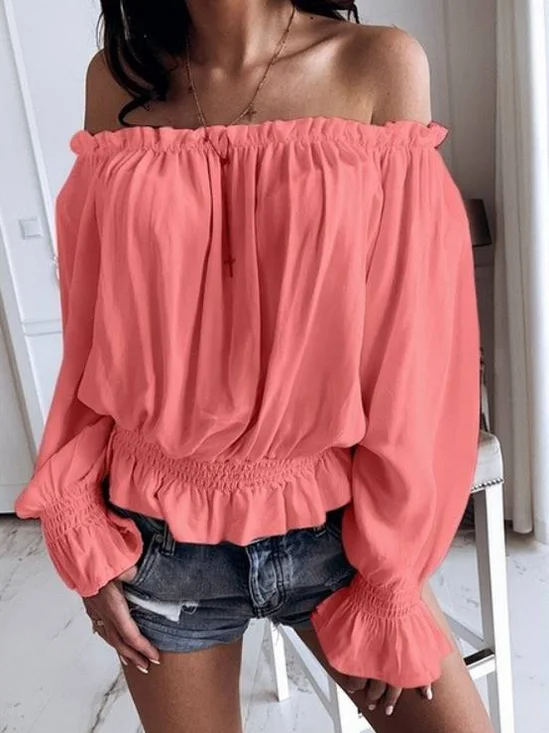 Chemisiers1 Femmes Décontracté Plain Printemps / Automne Polyester Aucune élasticité Ample Manches Longues Régulier À Épaules Dénudées