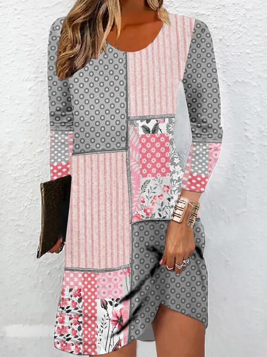 Femmes Floral Rose Col Rond Confortable Mini Robe Décontracté