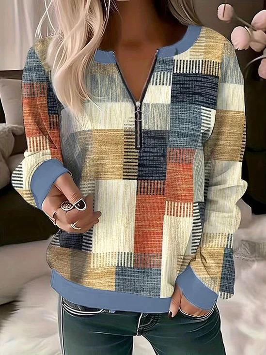 Sweat-shirts Décontracté Printemps / Automne Plaid Polyester Micro-élasticité Quotidien Ample Manches Longues Mi-long pour Femmes