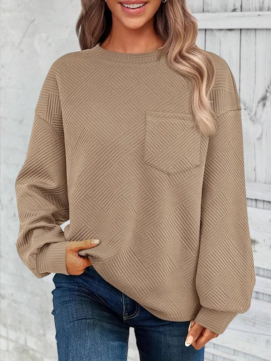 Sweat-shirts Décontracté Plain Printemps / Automne Jacquard Micro-élasticité Ample Col Rond Droit Régulier pour Femmes