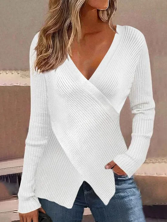Pulls Femmes Décontracté Plain Printemps / Automne Col croisé Quotidien Manches Longues Fil/fil de laine Régulier Droit