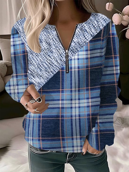 Sweat-shirts Décontracté Printemps / Automne Plaid Quotidien Ample Col Rond Droit Régulier T.-N.-L. pour Femmes