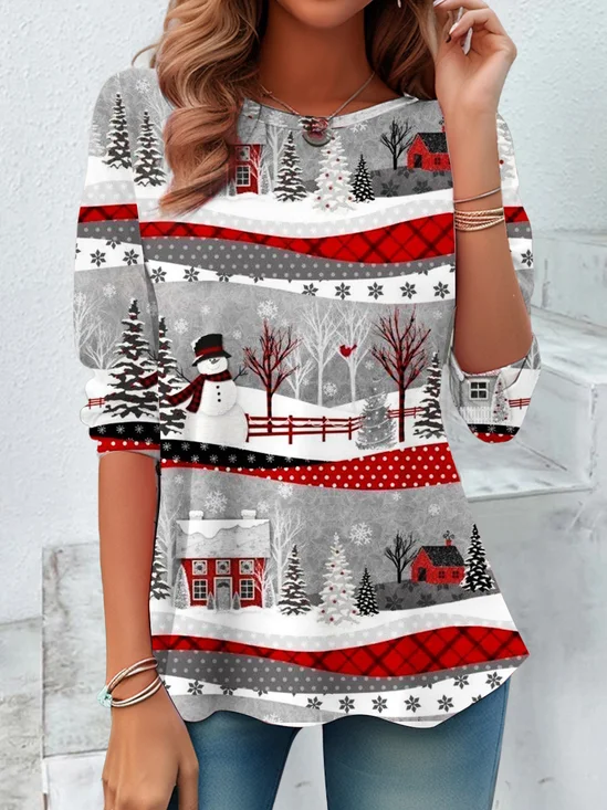 T-shirts Femmes Rétro Printemps / Automne Bonhomme de Neige de Nonël Aucune élasticité Quotidien Ample Droit Régulier Non