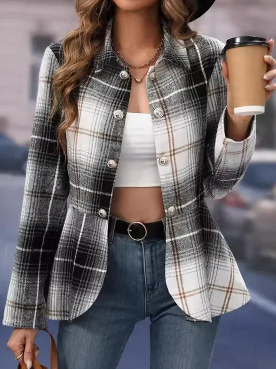 Col de Chemise Manches Longues Régulier Plaid Blouson Aviateur Blouson Boucle pour Femmes