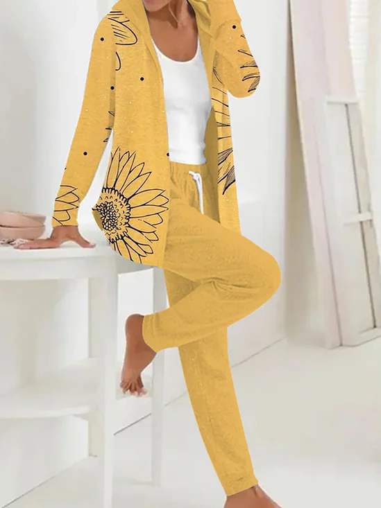 Deux Pièces Ensembles Femmes Décontracté Floral Printemps / Automne Polyester Naturel Quotidien Manches Longues Manteau avec Pantalons Régulier