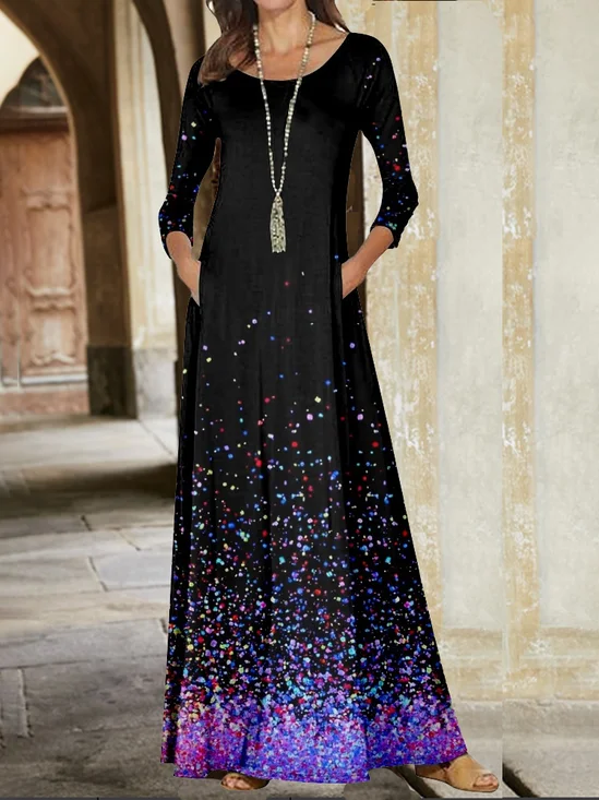 Femmes Ombre Noir Col Rond Confortable Poche Couture Robe Maxi Décontracté