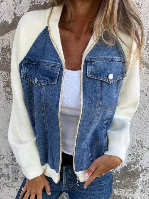 Col Châle Manches Longues Régulier Contrasté Couture Blouson Zip pour Femmes