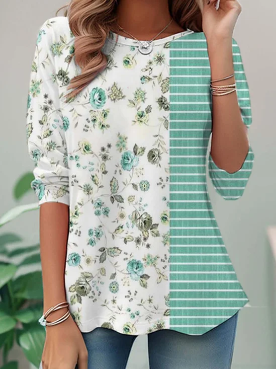 T-shirts Décontracté Floral Printemps / Automne Micro-élasticité Jersey Manches Longues Régulier Régulier Non pour Femmes