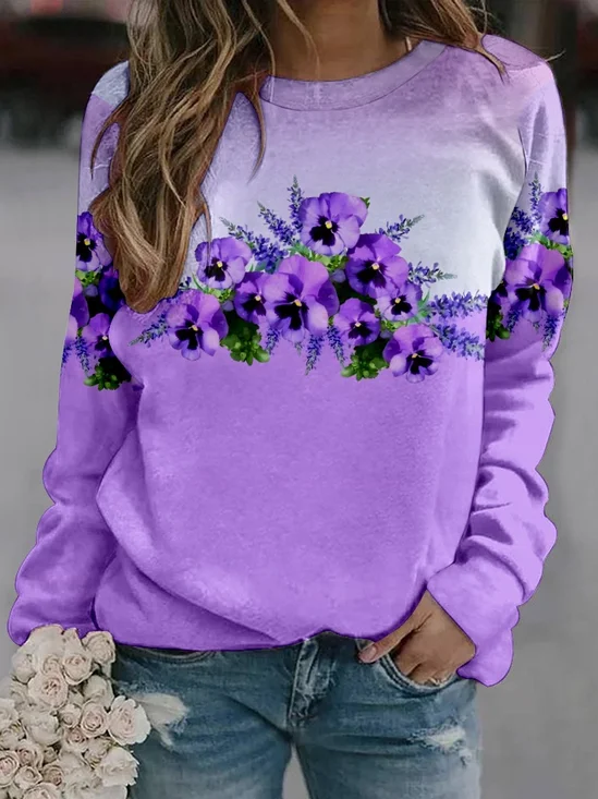 Sweat-shirts Femmes Décontracté Printemps / Automne Violet Floral Polyester Poids lourd Aucune élasticité Manches Longues Col Rond Régulier