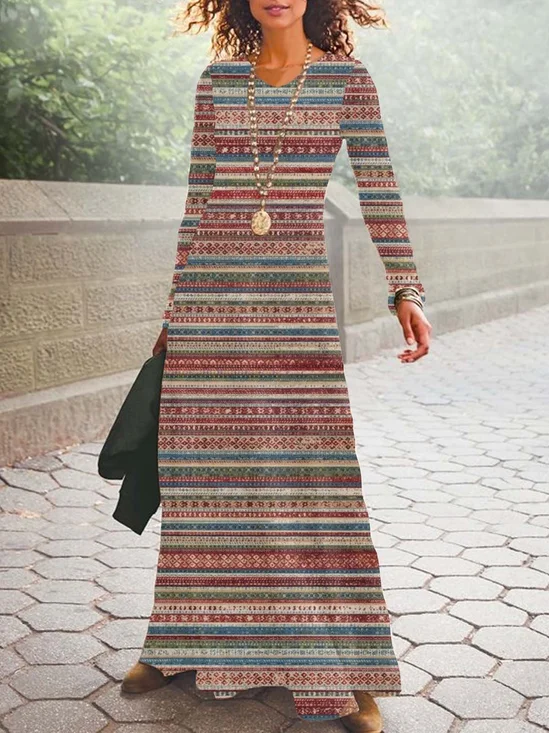 Femmes Rayé Rouge-Brun Col V Confortable Robe Maxi Décontracté