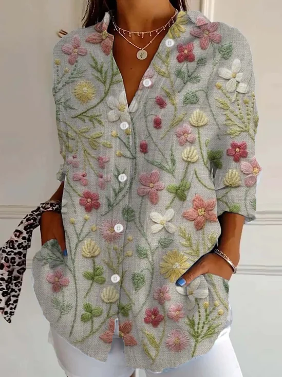 Chemises Femmes Décontracté Floral Printemps / Automne Aucune élasticité Quotidien Manches trois quarts Régulier Droit Col de Chemise