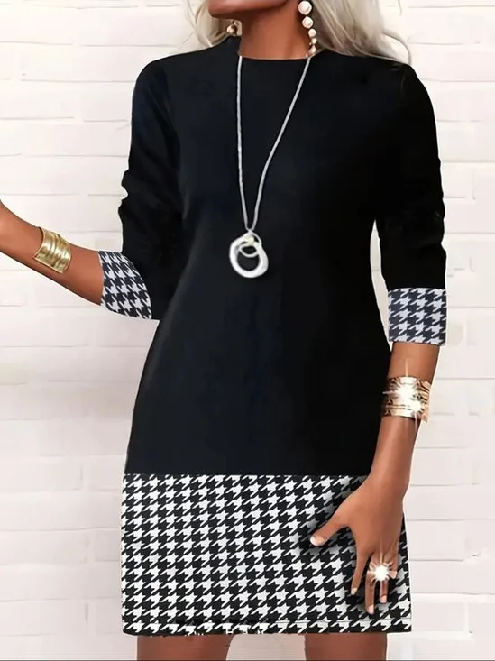 Femmes Pied-de-poule Noir-Blanc Confortable Mini Robe Décontracté