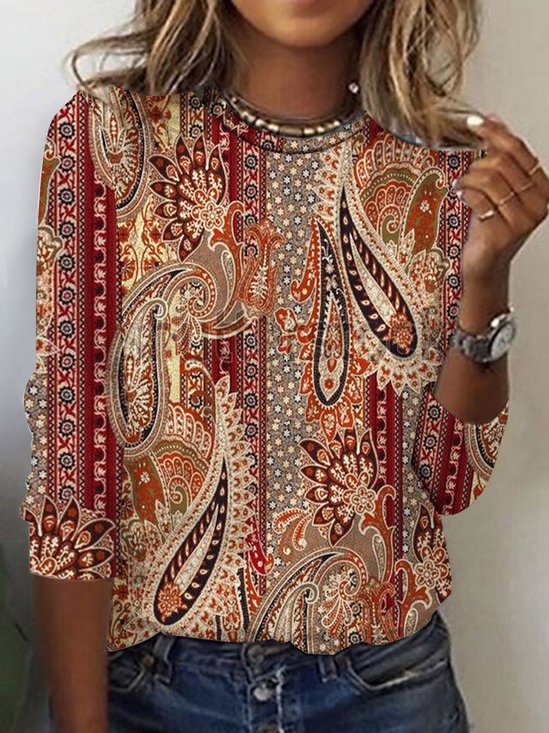 T-shirts Rétro Motif Cachemire Printemps / Automne Imprimé Micro-élasticité Ample Jersey Col Rond Régulier pour Femmes