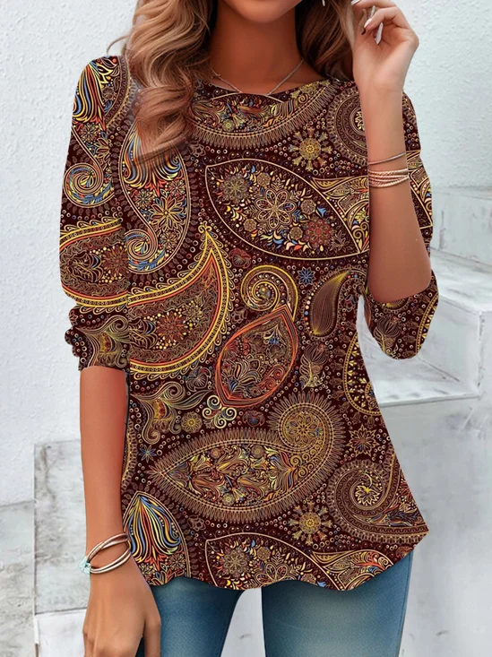 T-shirts Rétro Printemps / Automne anacardier Fleurs Imprimé Quotidien Jersey Manches Longues Col Rond Régulier pour Femmes