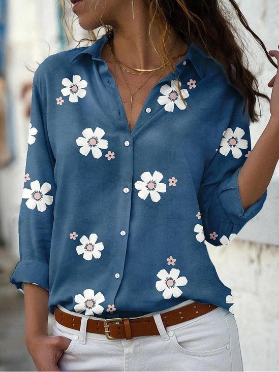 Chemises Décontracté Floral Printemps / Automne Dentelle Aucune élasticité Quotidien Manches Longues Droit Col de Chemise pour Femmes