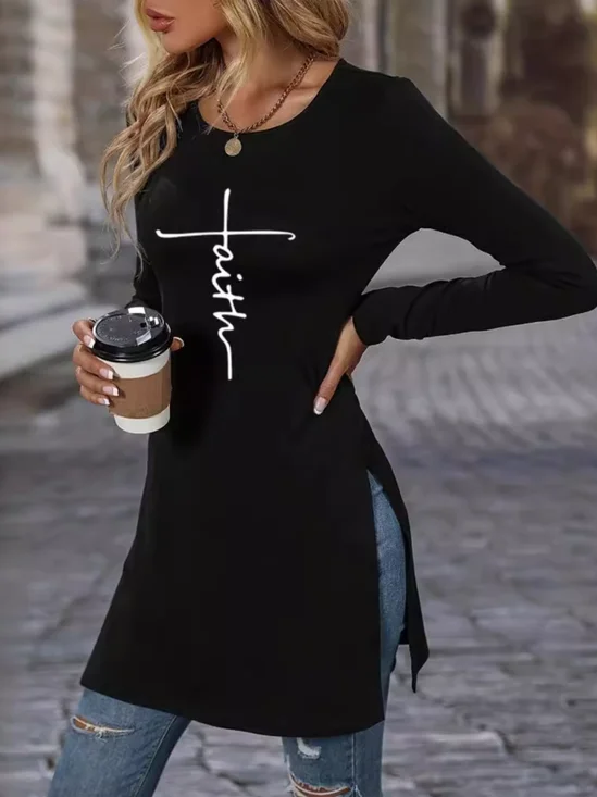 T-shirts Décontracté Printemps / Automne Jésus Copie Micro-élasticité Jersey Manches Longues Col Rond Mi-long Droit pour Femmes