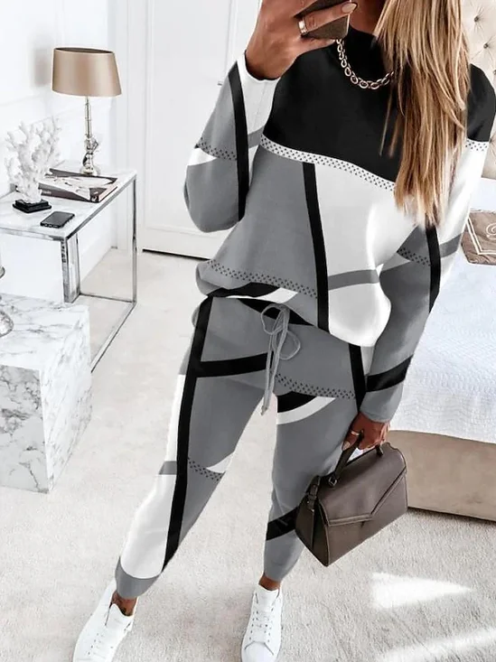 Deux Pièces Ensembles Décontracté Printemps / Automne Contrasté Couture Naturel Aucune élasticité Manches Longues Col Rond Top Avec Pantalons Non pour Femmes