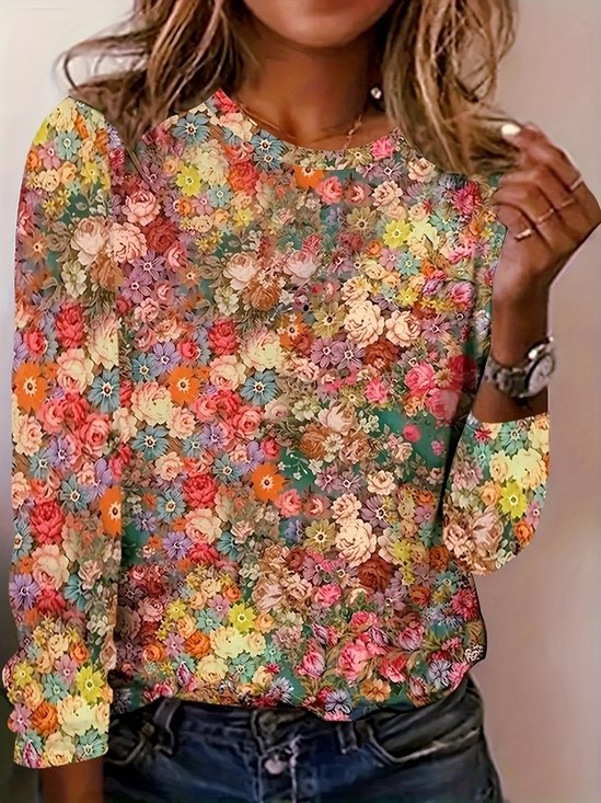 T-shirts Décontracté Floral Printemps / Automne Quotidien Ample Jersey Col Rond Régulier Droit pour Femmes