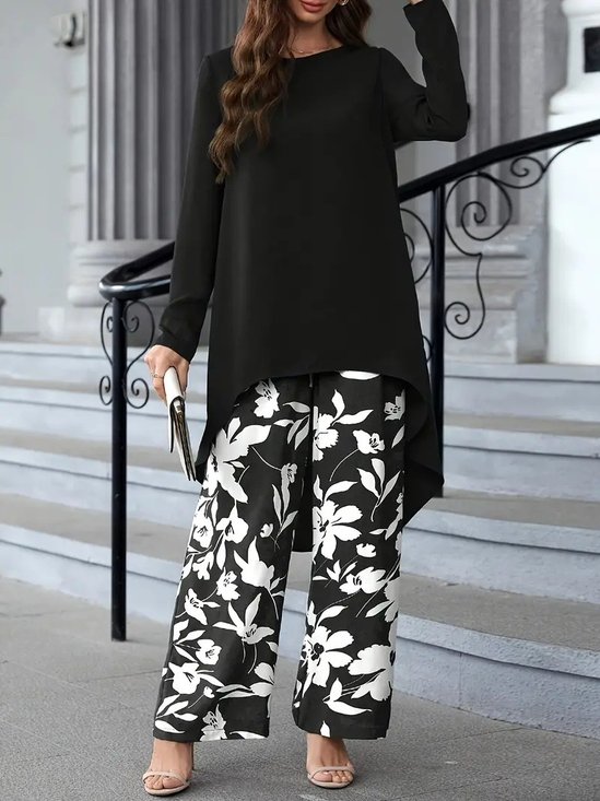 Deux Pièces Ensembles Décontracté Floral Printemps / Automne Polyester Quotidien Ample Col Rond Top Avec Pantalons Régulier pour Femmes