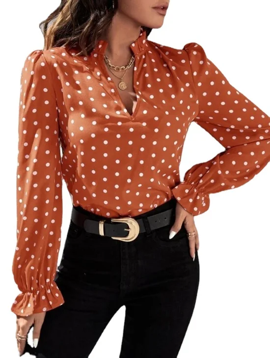 Chemisiers1 Pois Polka Décontracté Printemps / Automne Polyester Aucune élasticité Ample Manches Longues Mi-long Droit pour Femmes