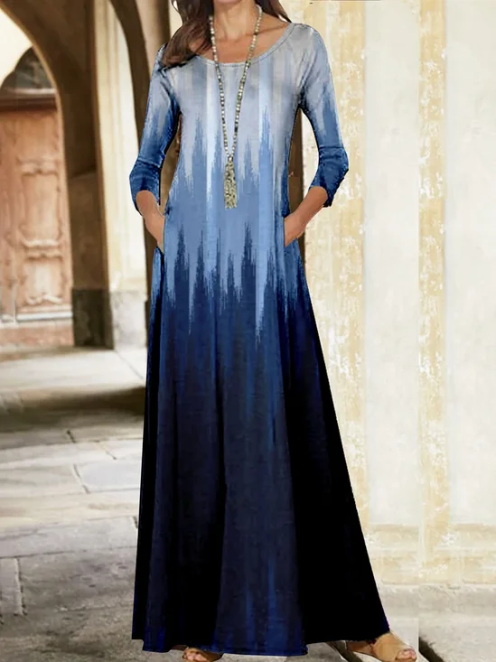 Femmes Ombre Bleu Col Rond Confortable Poche Couture Robe Maxi Décontracté