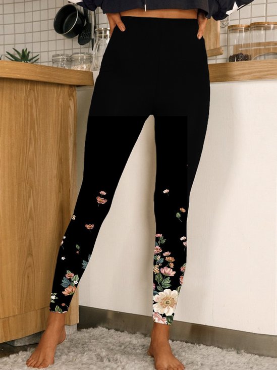 Pantalons De Yoga Décontracté Floral Toutes Les Saisons Naturel Micro-élasticité Serré Jersey Pantalon coupe slim Droit pour Femmes