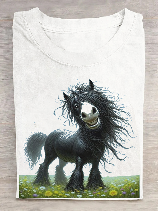 T-shirts Femmes Décontracté cheval Été Coton Quotidien Ample Régulier Élasticité moyenne Oui