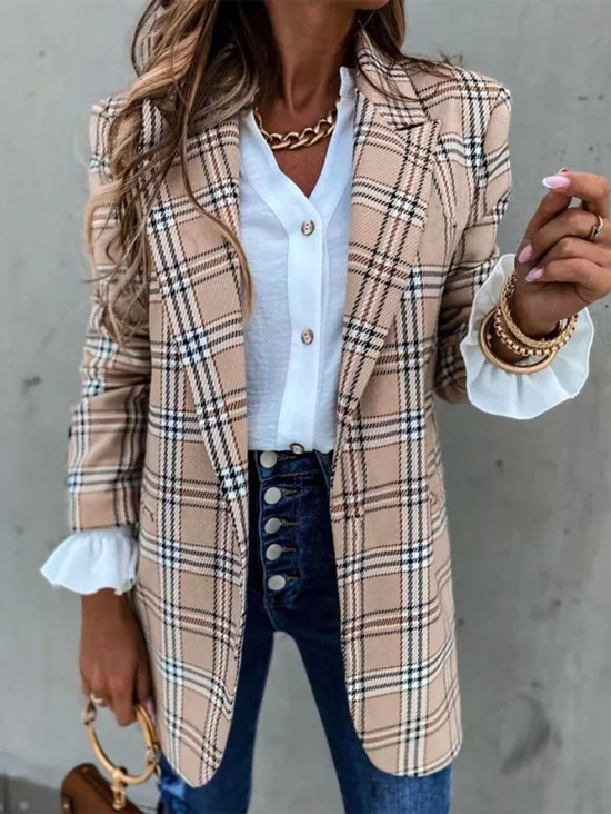 à Col Revers Manches Longues Régulier Plaid Blazer pour Femmes