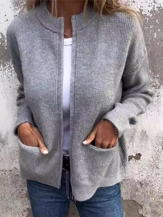 Élasticité moyenne Col Rond Manches Longues Régulier Plain Blouson Zip pour Femmes