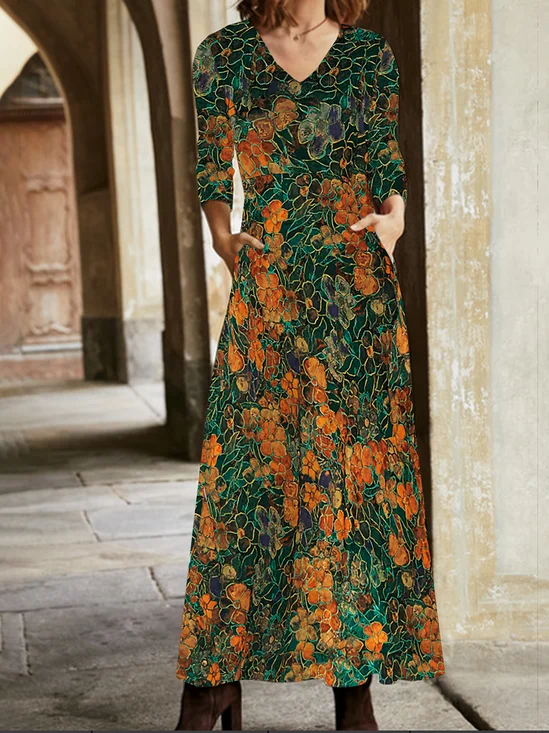 Femmes Abstrait Vert Col V Confortable Robe Maxi Décontracté