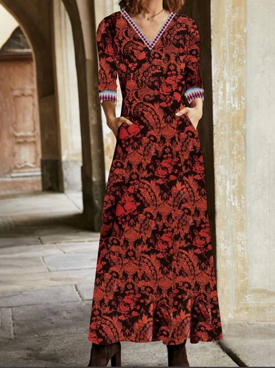 Femmes Floral Noir Rougeâtre Col V Confortable Robe Maxi Rétro