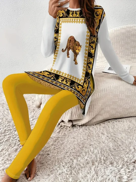 Deux Pièces Ensembles Femmes Abstrait Décontracté Printemps / Automne Sweat-shirt à Capuche Quotidien Ample Top Avec Pantalons Droit Régulier