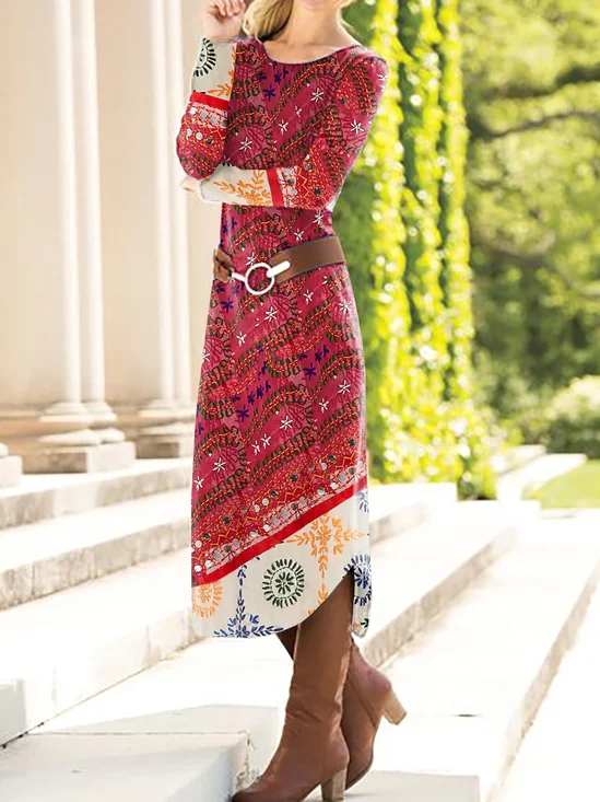 Femmes Bloc de Couleur Rouge Col Rond Confortable Robe Mi-Longue Rétro