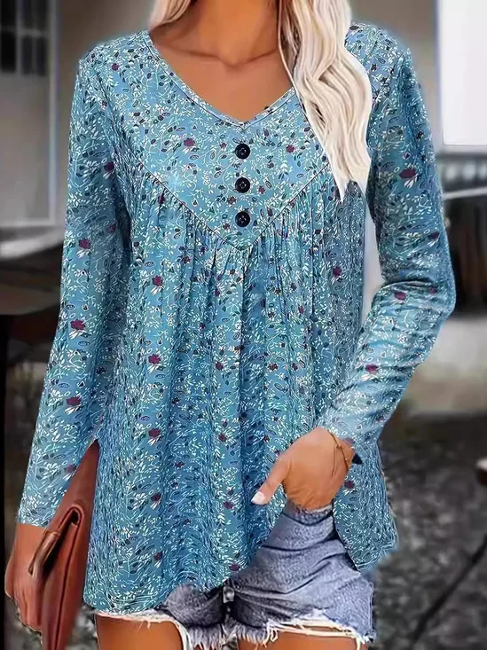 Chemisiers1 Décontracté Floral Printemps / Automne Quotidien Manches Longues Col Rond Mi-long Droit Régulier pour Femmes