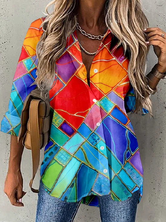Chemises Femmes Rétro Printemps / Automne Multicolore Bloc Polyester Naturel Aucune élasticité Quotidien Ample Mi-long