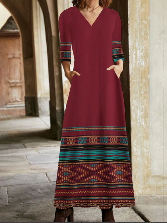 Femmes Ethnique Rouge Vineux Col V Confortable Poche Couture Robe Maxi Rétro