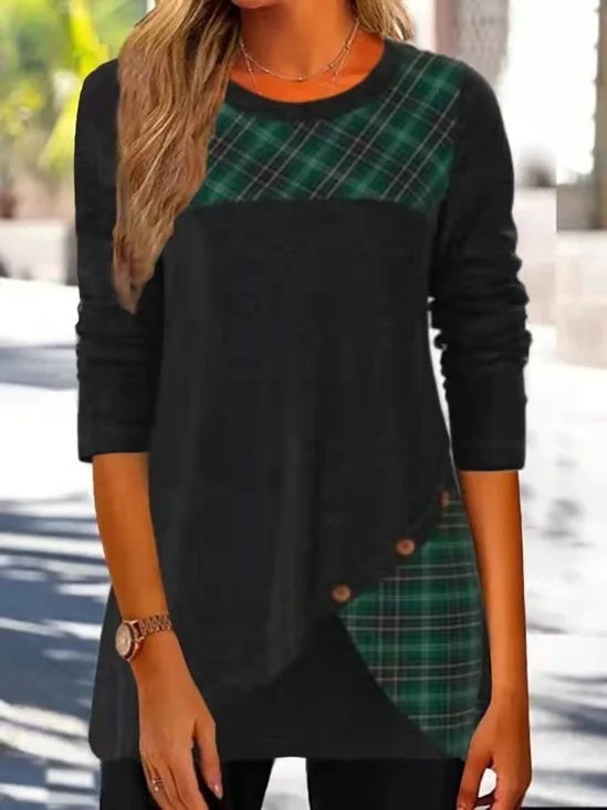 Chemisiers1 Femmes Décontracté Printemps / Automne Plaid Quotidien Jersey Manches Longues Mi-long Droit Régulier