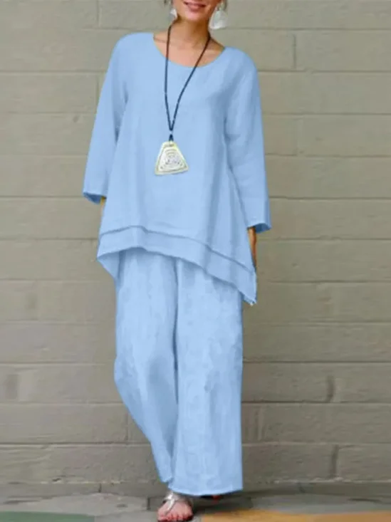 Deux Pièces Ensembles Femmes Décontracté Plain Printemps / Automne Polyester Micro-élasticité Ample Col Rond Droit Régulier